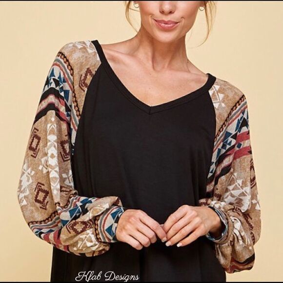 a.gain New! Tribal Aztec Top V Neck Puff Long Sleeve Super Soft Pullover Blouse - Picture 8 of 15
